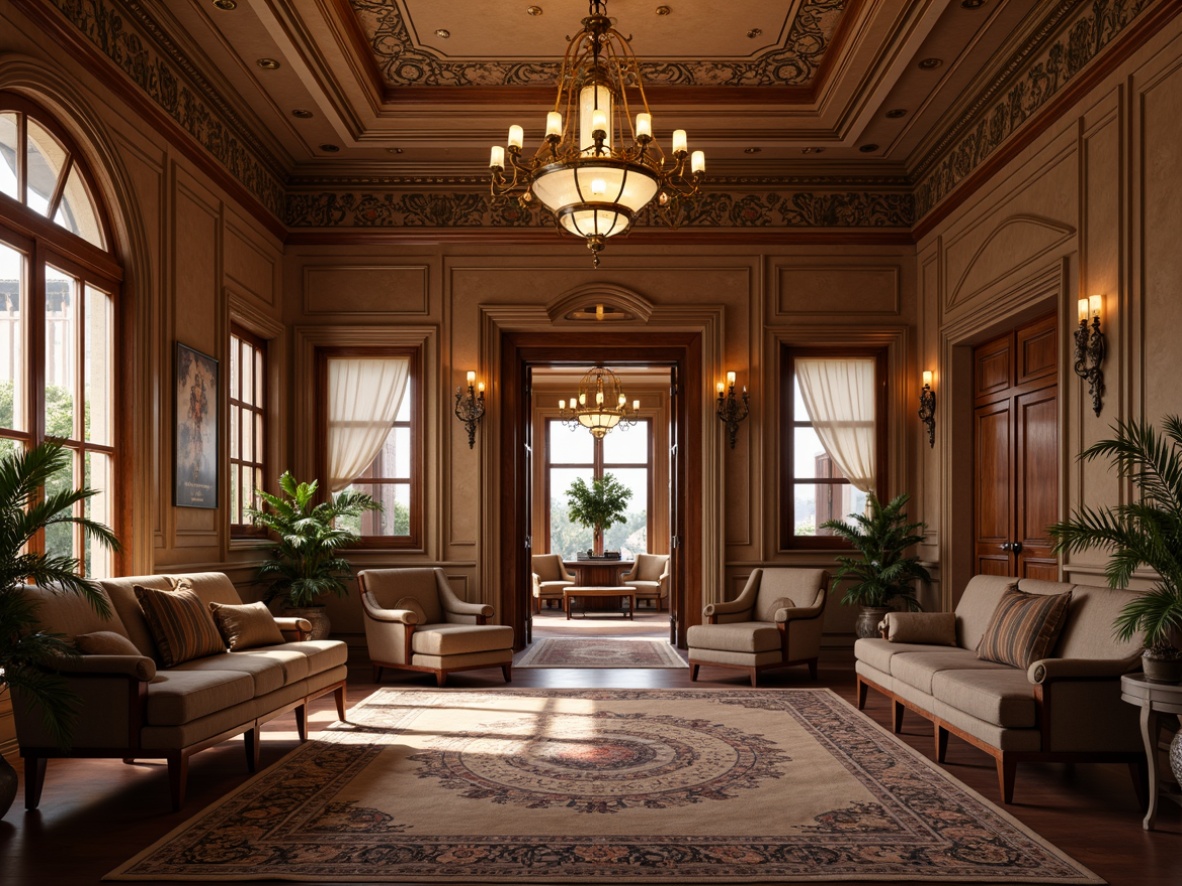 Prompt: Elegant mansion, ornate facade, grand entrance, intricately carved wooden doors, polished brass hardware, opulent chandeliers, lavish furnishings, richly patterned rugs, decorative moldings, curved archways, vaulted ceilings, ornamental columns, classical architecture, soft warm lighting, subtle shading, 1/1 composition, realistic textures, ambient occlusion.