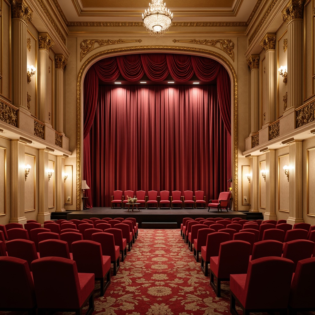 Prompt: Luxurious theater interior, rich velvet drapes, ornate golden accents, cream marble columns, intricate moldings, crystal chandeliers, plush crimson seating, warm beige walls, lavish silk fabrics, subtle burgundy undertones, dramatic spotlights, soft warm glow, cinematic atmosphere, grandiose scale, symmetrical composition, opulent textures, realistic reflections.