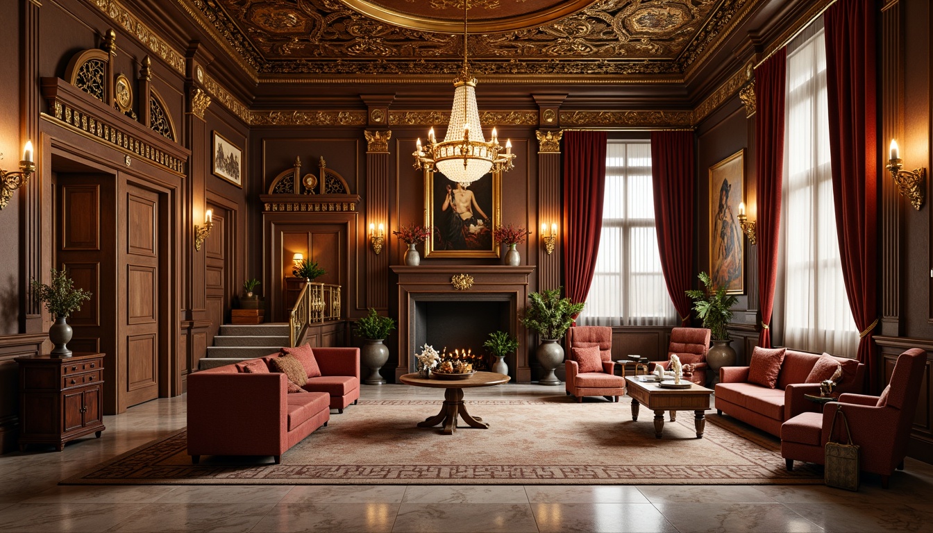 Prompt: Luxurious interior, ornate moldings, intricate carvings, gilded accents, opulent chandeliers, grand staircase, lavish furnishings, velvet drapes, marble floors, high ceilings, rich wood tones, Baroque-inspired designs, sophisticated color palette, warm golden lighting, shallow depth of field, 1/2 composition, realistic textures, ambient occlusion.