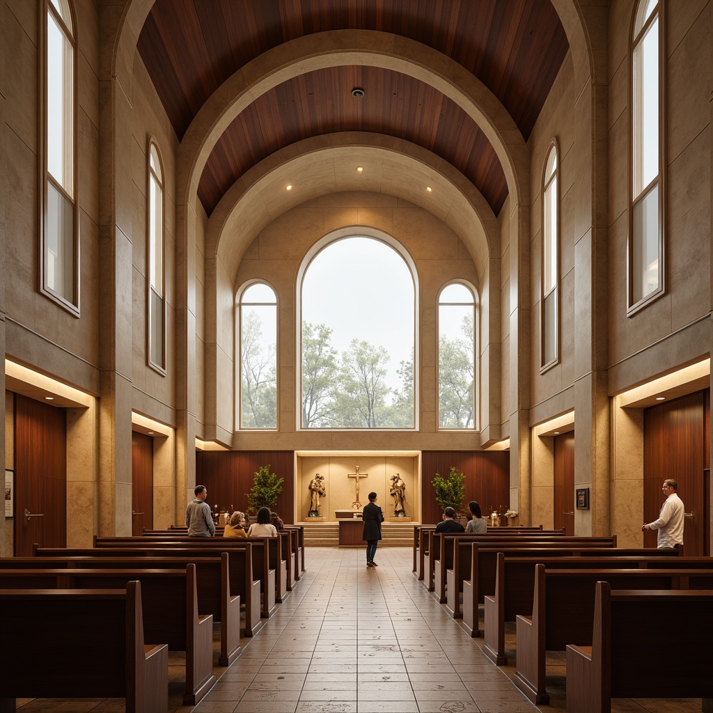 Prompt: Minimalist chapel interior, curved lines, rounded arches, polished chrome accents, warm beige stone walls, rich walnut wood panels, stained glass windows, soft diffused lighting, atmospheric fog effects, subtle spiritual symbols, minimalist pews, sleek metal handrails, ornate bronze door handles, luxurious velvet upholstery, intricate mosaic patterns, subtle sacred geometry, 1/1 composition, low-angle shot, dramatic chiaroscuro lighting, ambient occlusion.