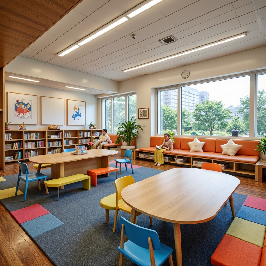 Prompt: Vibrant elementary school interior, colorful chairs, wooden tables, ergonomic desks, soft cushioned sofas, playful rugs, interactive whiteboards, educational posters, fun-shaped shelves, sturdy bookcases, cozy reading nooks, collaborative workstations, flexible seating arrangements, natural wood accents, bright overhead lighting, softbox lighting, 3/4 composition, shallow depth of field, realistic textures.