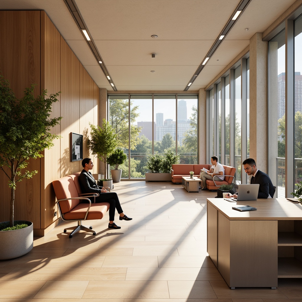 Prompt: Academic clinic interior, wooden furniture, minimalist decor, neutral color palette, comfortable seating areas, ergonomic chairs, wooden desks, metal cabinets, softbox lighting, warm beige tones, natural textures, plants, floor-to-ceiling windows, urban city views, modern architecture, 1/2 composition, shallow depth of field, realistic reflections, ambient occlusion.