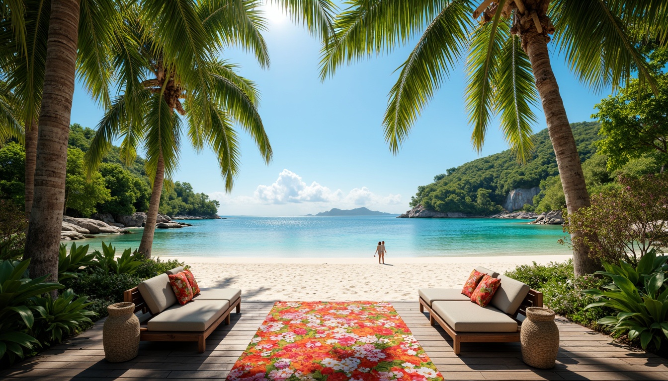 Prompt: Vibrant tropical landscape, lush green palm trees, bright coral reefs, warm sandy beaches, clear turquoise waters, exotic floral patterns, bold colorful textiles, lively tassel details, natural woven fibers, rustic driftwood accents, refreshing coconut scents, sunny day, soft warm lighting, shallow depth of field, 3/4 composition, panoramic view, realistic textures, ambient occlusion.