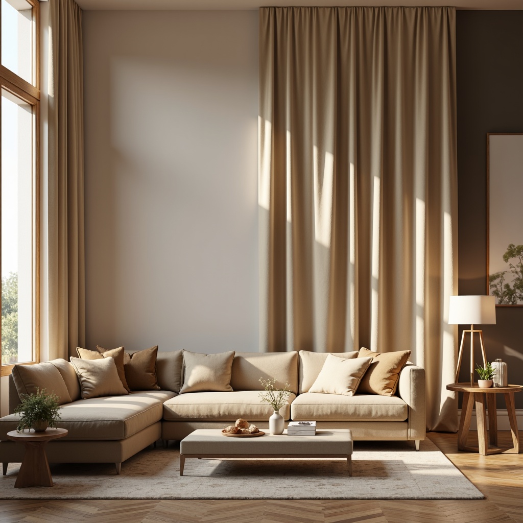 Prompt: Luxurious velvet fabrics, soft plush textures, calming beige tones, comfortable couches, modern minimalist interior design, elegant floor lamps, natural wood accents, warm cozy atmosphere, inviting living room setting, relaxing ambient lighting, shallow depth of field, 1/1 composition, realistic fabric rendering, subtle shadows, gentle color palette.