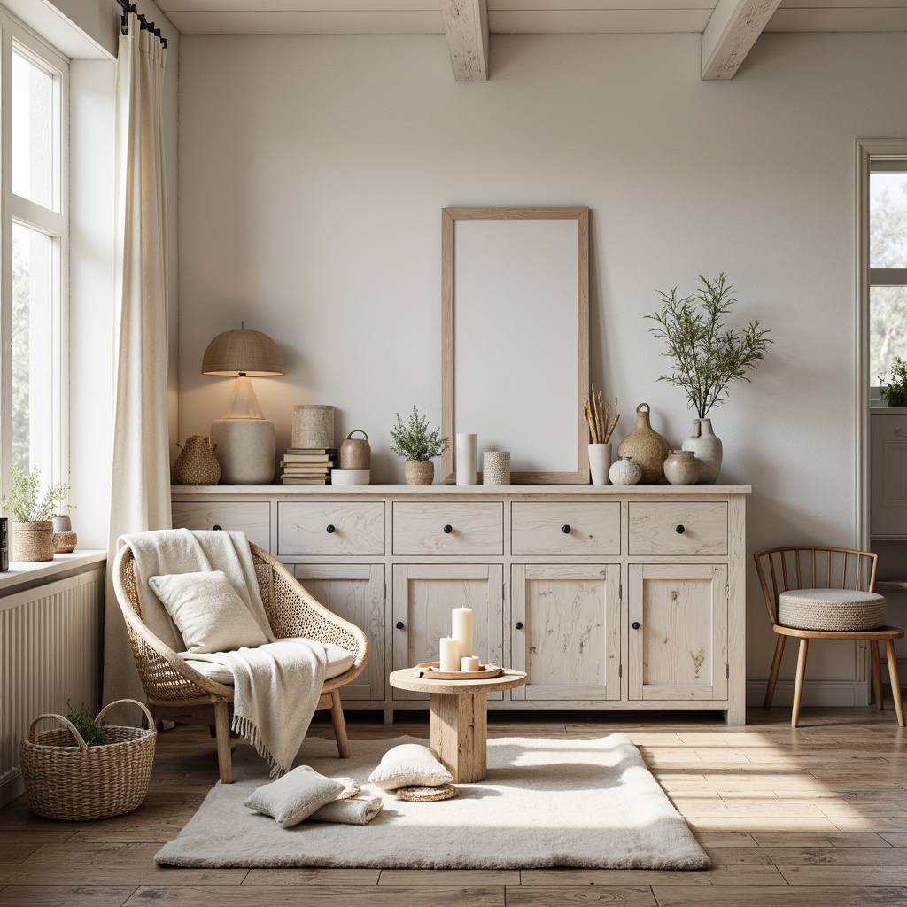 Prompt: Nordic-inspired interior, minimalistic decor, monochromatic color scheme, soothing pastel hues, creamy whites, weathered woods, natural textiles, woven baskets, cozy throw blankets, vintage accents, distressed finishes, candlelit ambiance, warm soft lighting, shallow depth of field, 1/1 composition, realistic textures, ambient occlusion.