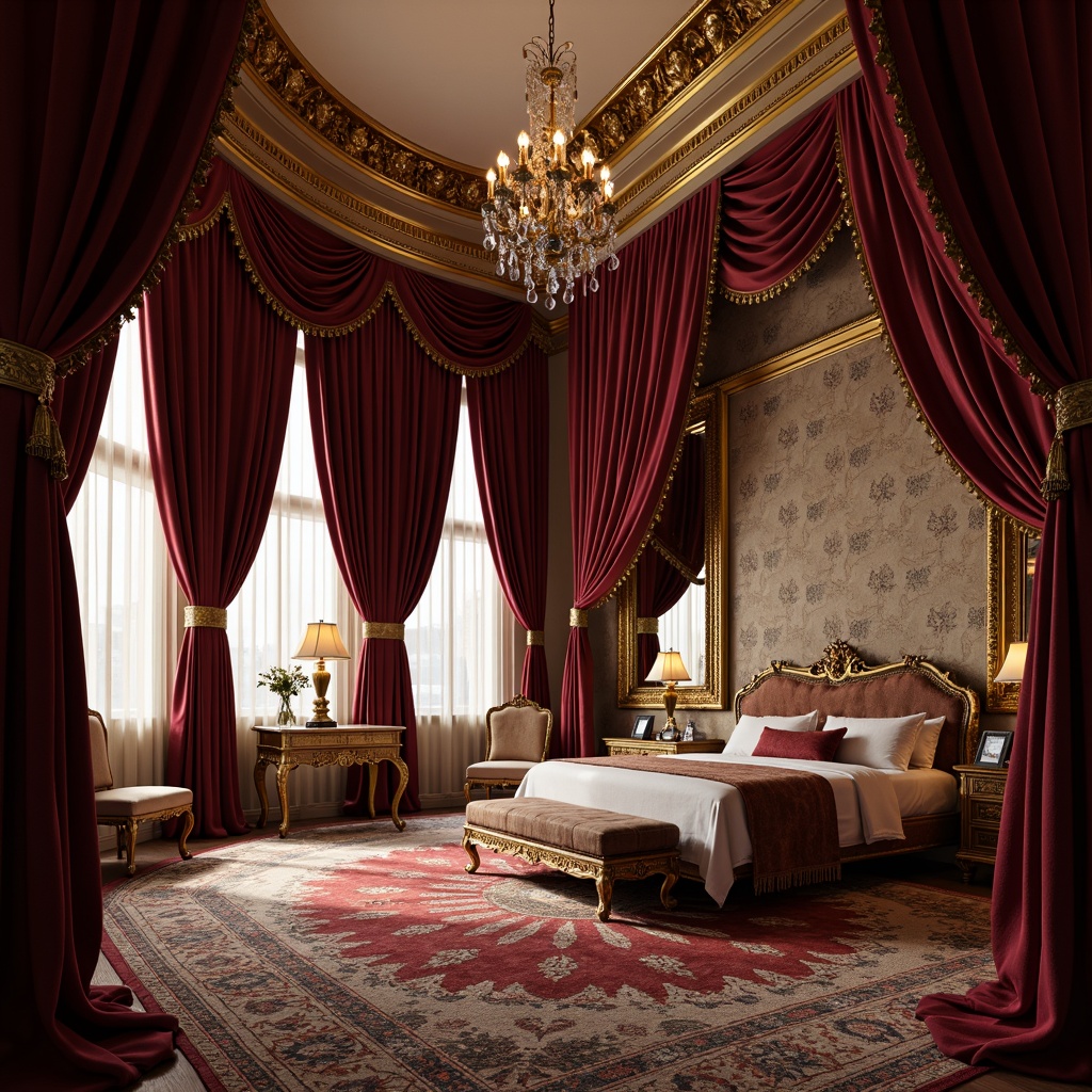 Prompt: Luxurious bedroom, rich velvet drapes, golden ornate frames, intricate carvings, lavish furnishings, plush carpets, soft warm lighting, grand chandelier, ornate mirrors, gilded accents, heavy curtains, richly patterned wallpaper, curved lines, opulent textures, dramatic shadows, 3/4 composition, shallow depth of field, realistic render.