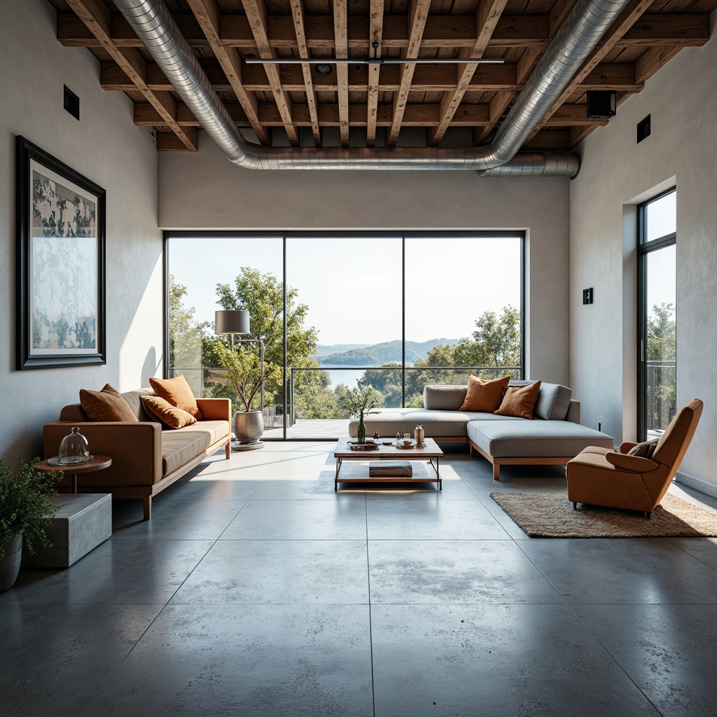 Prompt: Open floor plan, spacious living area, minimalist decor, sleek lines, industrial materials, exposed ductwork, polished concrete floors, large windows, sliding glass doors, natural light, airy atmosphere, modern Bauhaus style, geometric shapes, functional simplicity, bold color accents, metallic tones, innovative lighting fixtures, panoramic views, shallow depth of field, 3/4 composition, realistic textures, ambient occlusion.