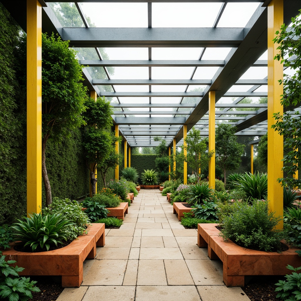 Prompt: Minimalist greenhouse, lush greenery, natural light, sleek metal frames, modern glass architecture, vibrant yellow accents, terracotta planters, reclaimed wood benches, soft moss walls, delicate vine patterns, warm beige stone floors, subtle industrial textures, misty atmosphere, shallow depth of field, 1/2 composition, realistic lighting, ambient occlusion.