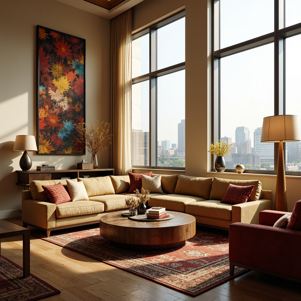 Prompt: Cozy living room, plush sectional sofas, velvet armchairs, wooden coffee tables, soft cushions, elegant floor lamps, warm beige walls, large windows, natural daylight, panoramic city views, modern minimalist decor, metallic accents, ambient lighting, shallow depth of field, 2/3 composition, realistic textures, comfortable seating arrangements, stylish throw pillows, vibrant colorful rugs, intricate patterns, luxurious fabrics.