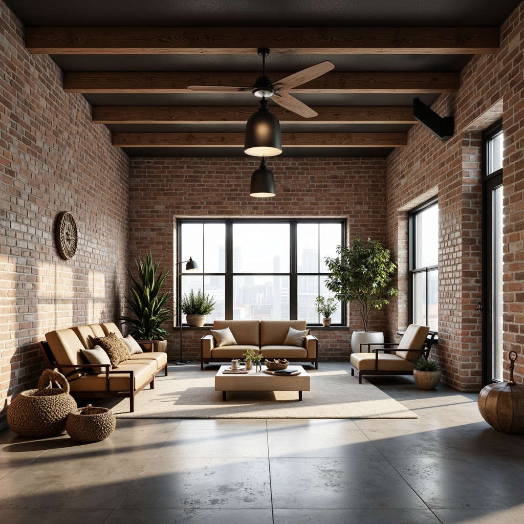 Prompt: Industrial warehouse interior, Scandinavian minimalist style, exposed brick walls, polished concrete floors, metal beams, reclaimed wood accents, monochromatic color scheme, natural textiles, woven baskets, industrial lighting fixtures, minimal decorative elements, functional furniture, sleek lines, Nordic-inspired simplicity, abundant natural light, soft warm glow, shallow depth of field, 1/1 composition, realistic textures, ambient occlusion.