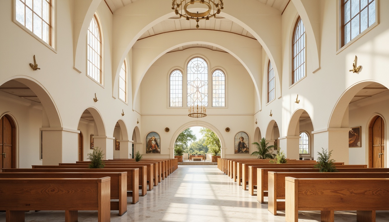 Prompt: \Sleek religious sanctuary, soft creamy whites, warm beige tones, rich wood accents, subtle gold ornaments, stained glass windows, ornate metalwork, minimalist pews, polished marble floors, serene ambiance, warm natural light, shallow depth of field, 1/1 composition, realistic textures, ambient occlusion.\