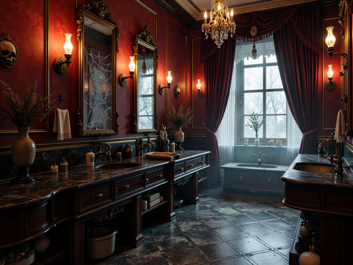 Prompt: Dark mysterious ambiance, ornate Victorian-era inspired fixtures, black marble countertops, mysterious crimson red walls, antique bronze faucets, spider web-patterned glass windows, eerie candlelighting, skull-shaped decorative accents, mystical crystal chandeliers, old-world style cabinetry, rich velvet drapes, mysterious apothecary-style storage, ancient stone flooring, foggy misty atmosphere, dimly lit spaces, 1/2 composition, cinematic lighting, realistic textures, ambient occlusion.