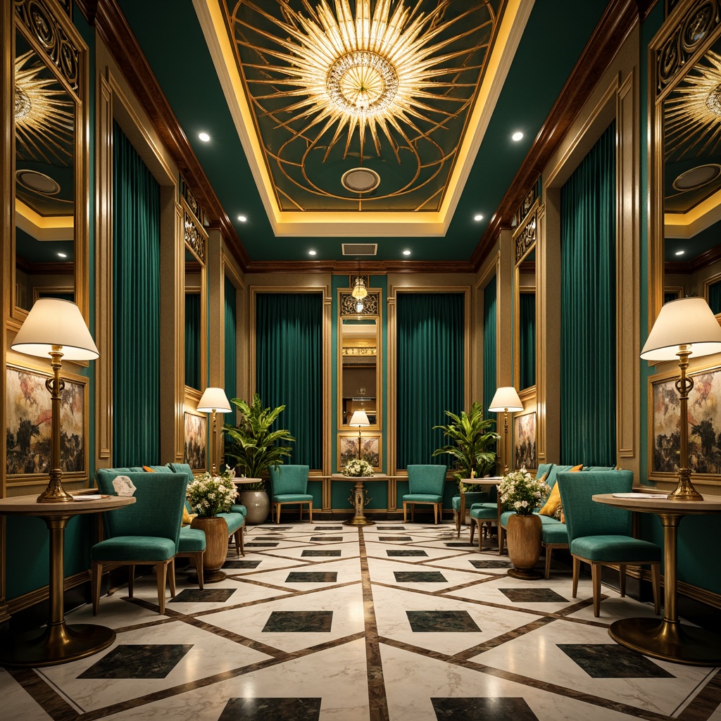 Prompt: Luxurious Art Deco interior, metallic accents, bold geometric patterns, ornate mirrors, lavish furnishings, velvet drapes, rich wood tones, polished marble floors, sunburst motifs, opulent chandeliers, sophisticated color palette, emerald green walls, navy blue ceilings, golden yellow accents, creamy white trim, bronze hardware, high-contrast lighting, dramatic shadows, cinematic composition, symmetrical arrangement, glamorous metallic sheen.