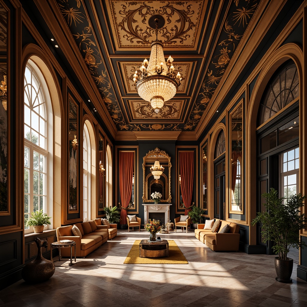 Prompt: Luxurious interior, grand chandelier, intricately carved ornate moldings, opulent furnishings, velvet drapes, golden accents, lavish decorations, high ceilings, marble floors, ornamental mirrors, elegant archways, sophisticated color palette, warm soft lighting, subtle shadows, 3/4 composition, atmospheric perspective, realistic textures, ambient occlusion.