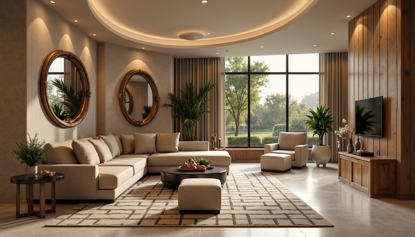 Prompt: Luxurious living room, curved lines, minimalist decor, sleek metallic accents, polished marble floors, velvety soft sofas, geometric patterned rugs, ornate mirrors, Art Deco inspired wall sconces, warm golden lighting, subtle shading, 1/1 composition, shallow depth of field, realistic reflections, ambient occlusion.