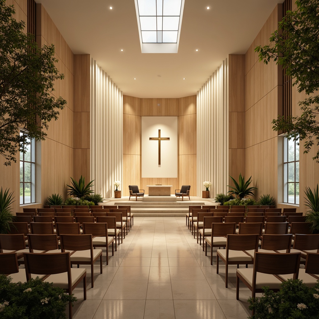 Prompt: Sleek modern chapel, soft warm beige walls, polished chrome accents, minimalist stained glass windows, subtle cream-colored pews, rich dark wood tones, luxurious velvet drapes, dramatic spotlights, ambient diffused lighting, ornate golden crosses, serene water features, lush greenery, tranquil atmosphere, shallow depth of field, 1/1 composition, realistic textures, ambient occlusion.