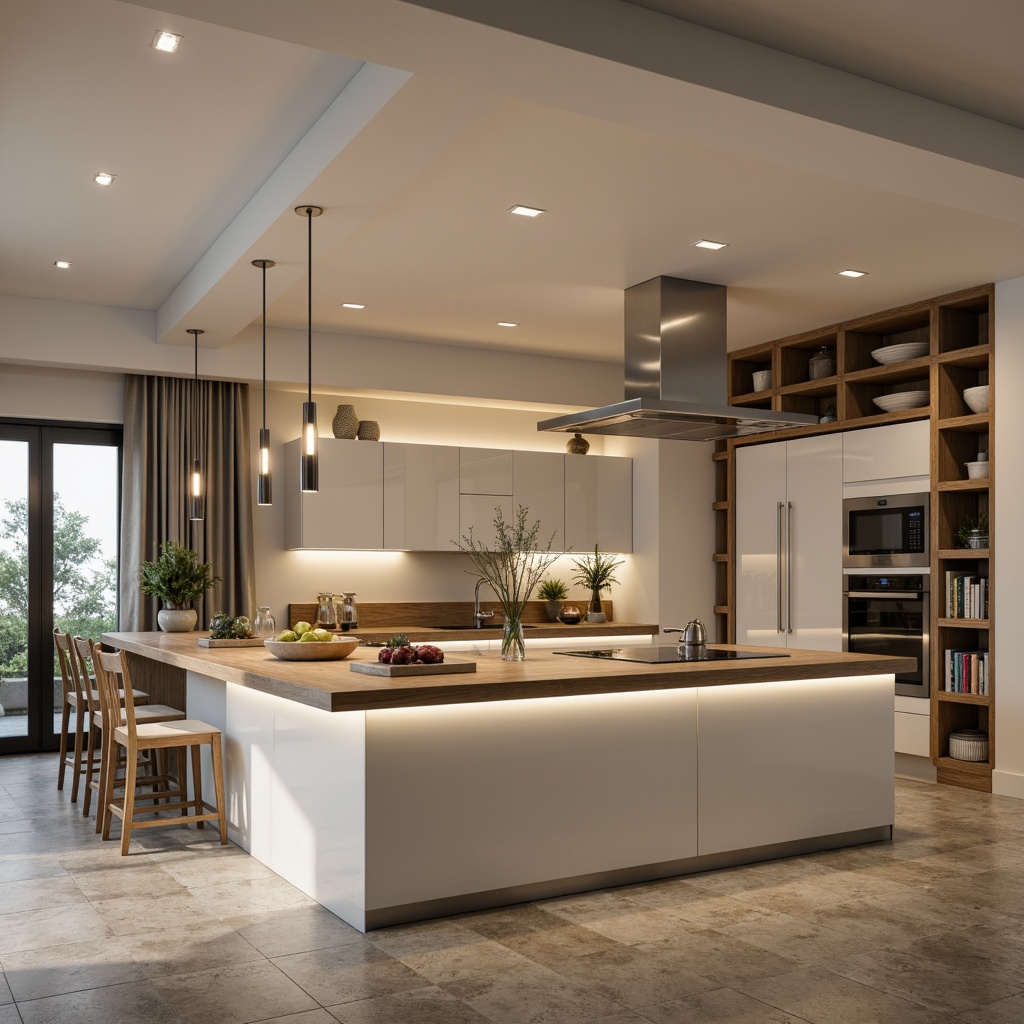 Prompt: Streamlined kitchen island, modern pendant lights, sleek LED strips, warm white illumination, high-gloss countertops, minimalist cabinetry, stainless steel appliances, polished chrome fixtures, airy open shelving, natural stone flooring, neutral color palette, soft ambient glow, 1/1 composition, realistic reflections, subtle shadows, morning sunlight, gentle warm ambiance.