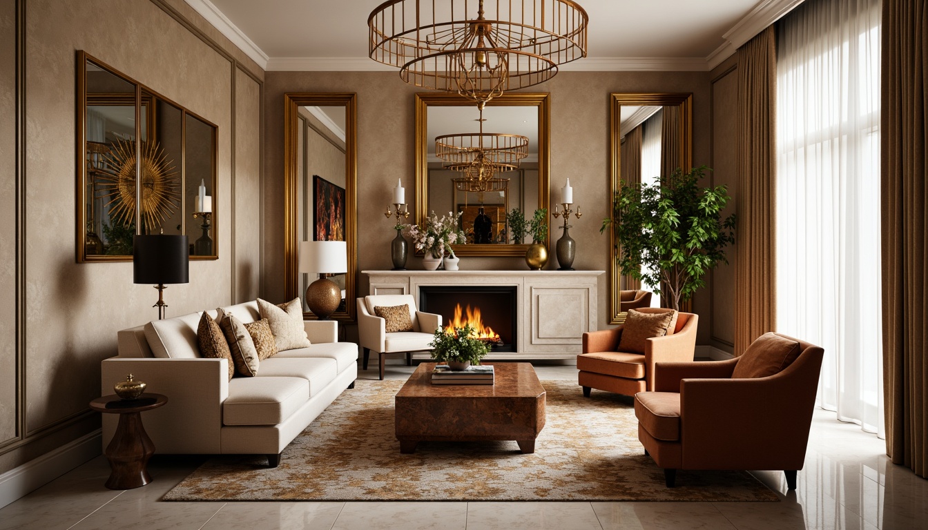 Prompt: Luxurious living room, opulent furniture pieces, metallic accents, bold geometric shapes, ornate mirrors, velvet sofas, curved wooden armchairs, inlaid wood coffee tables, bronze lamp fixtures, intricate patterns, glossy finishes, rich textiles, glamorous chandeliers, stepped silhouettes, sunburst motifs, high-gloss floors, warm beige tones, dramatic drapery, lavish accessories.