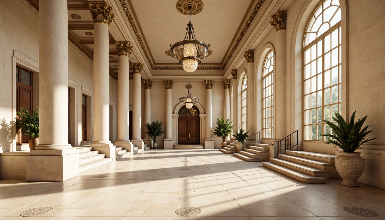 Prompt: Grandiose middle school, neoclassical fa\u00e7ade, ornate columns, Corinthian capitals, majestic entrance, symmetrical composition, cream-colored stone walls, rusticated base, arched windows, grand staircases, polished marble floors, elegant chandeliers, high ceilings, natural light pouring in, warm beige tones, subtle texture variations, shallow depth of field, 1/1 composition, realistic architectural details, ambient occlusion.