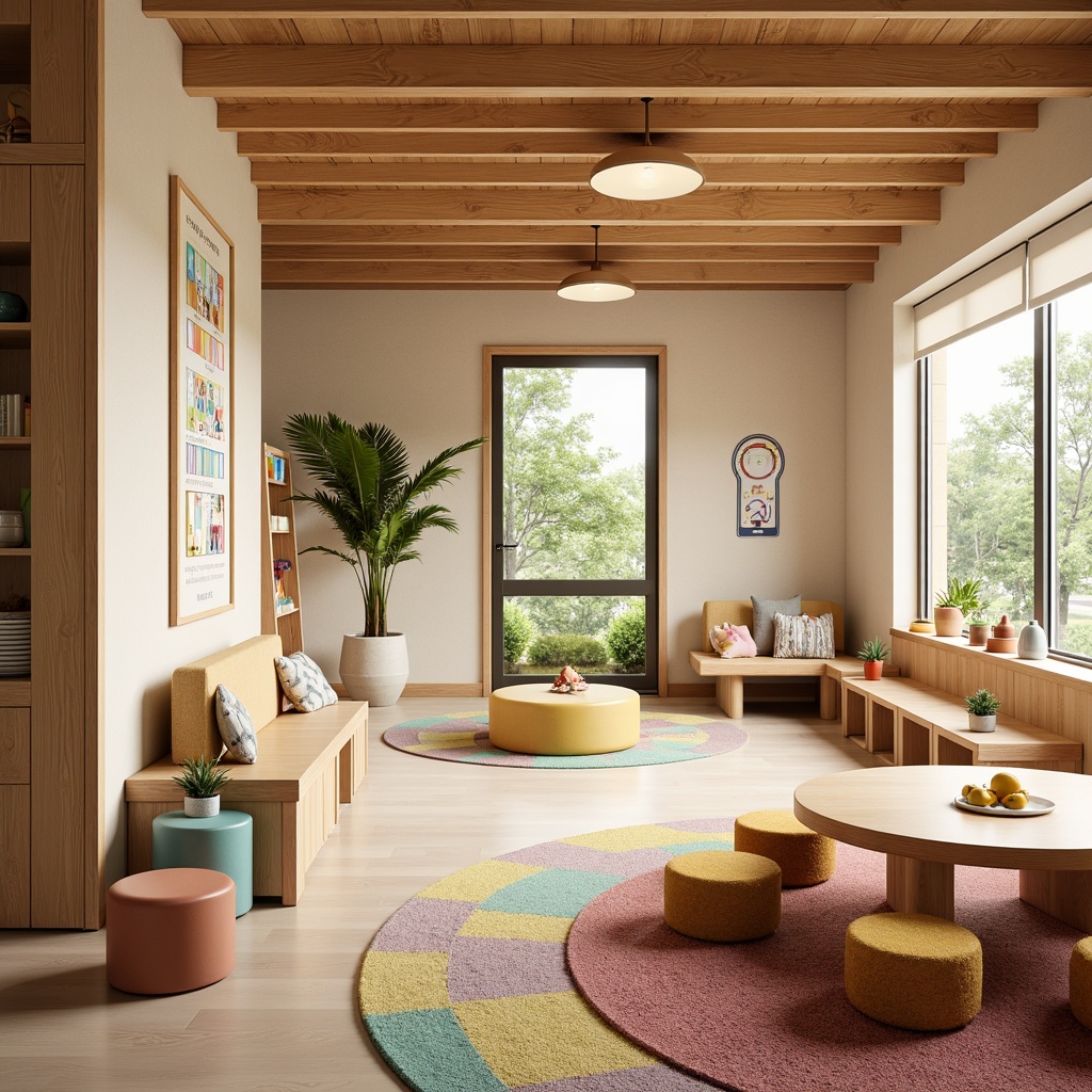 Prompt: Vibrant kindergarten interior, warm wood accents, natural textures, minimalist furniture design, soft pastel colors, playful Asian-inspired patterns, colorful rugs, kid-friendly seating areas, curved wooden tables, ergonomic chairs, built-in storage units, educational wall displays, interactive play stations, sensory play zones, calming nature-inspired decor, abundant natural light, gentle diffused lighting, shallow depth of field, 1/1 composition, realistic textures, ambient occlusion.