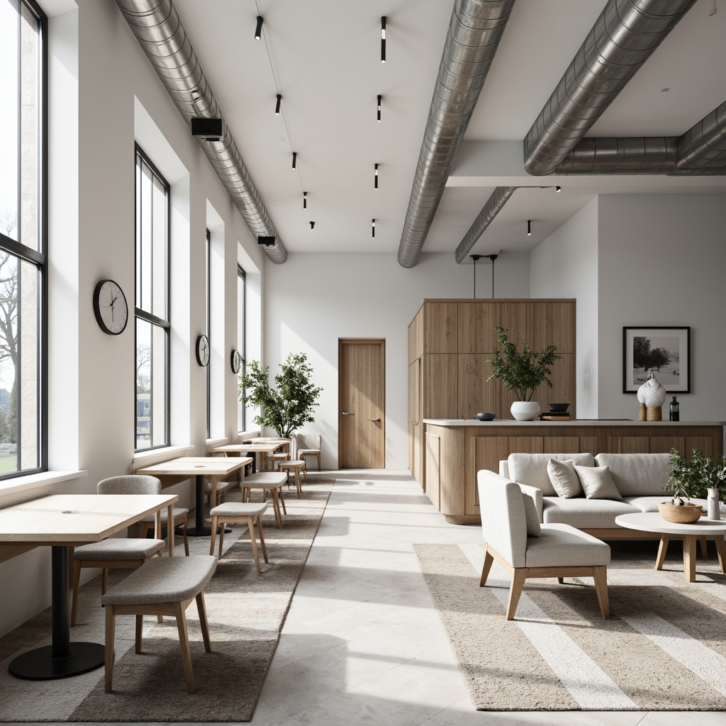 Prompt: Monochromatic interior, Scandinavian-style furniture, sleek wooden tables, minimalist chairs, simple sofas, geometric-shaped rugs, industrial metal lighting fixtures, floor-to-ceiling windows, neutral color palette, soft natural textiles, subtle patterns, clean lines, modern architecture, ambient softbox lighting, 1/1 composition, shallow depth of field.