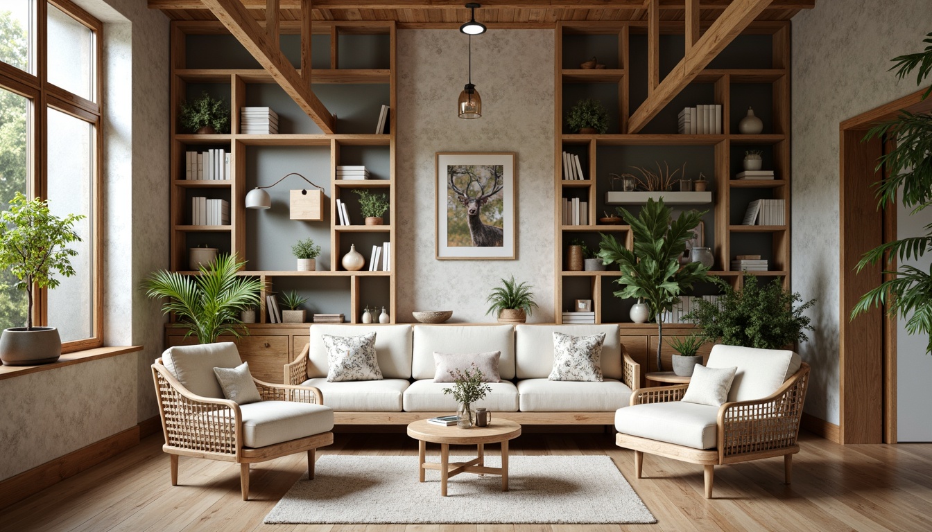 Prompt: Natural wood accents, woven rattan furniture, creamy whites, soft grays, organic shapes, minimalist decor, subtle animal patterns, earthy tones, distressed wood textures, industrial metal frames, reclaimed wood walls, cozy reading nooks, lush greenery, pendant lamps, warm ambient lighting, shallow depth of field, 1/2 composition, realistic reflections, soft box shadows.