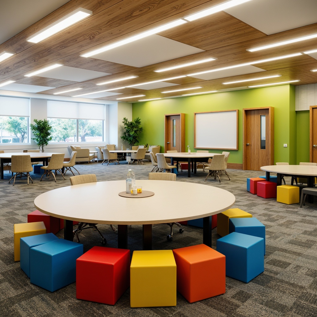 Prompt: Vibrant educational environment, collaborative learning spaces, modular desks, ergonomic chairs, interactive whiteboards, colorful storage bins, soft carpeted floors, natural wood accents, flexible seating arrangements, adaptive technology integration, minimalistic design, circular tables, moveable partitions, green walls, ambient lighting, warm color schemes, 3/4 composition, shallow depth of field, panoramic view, realistic textures.