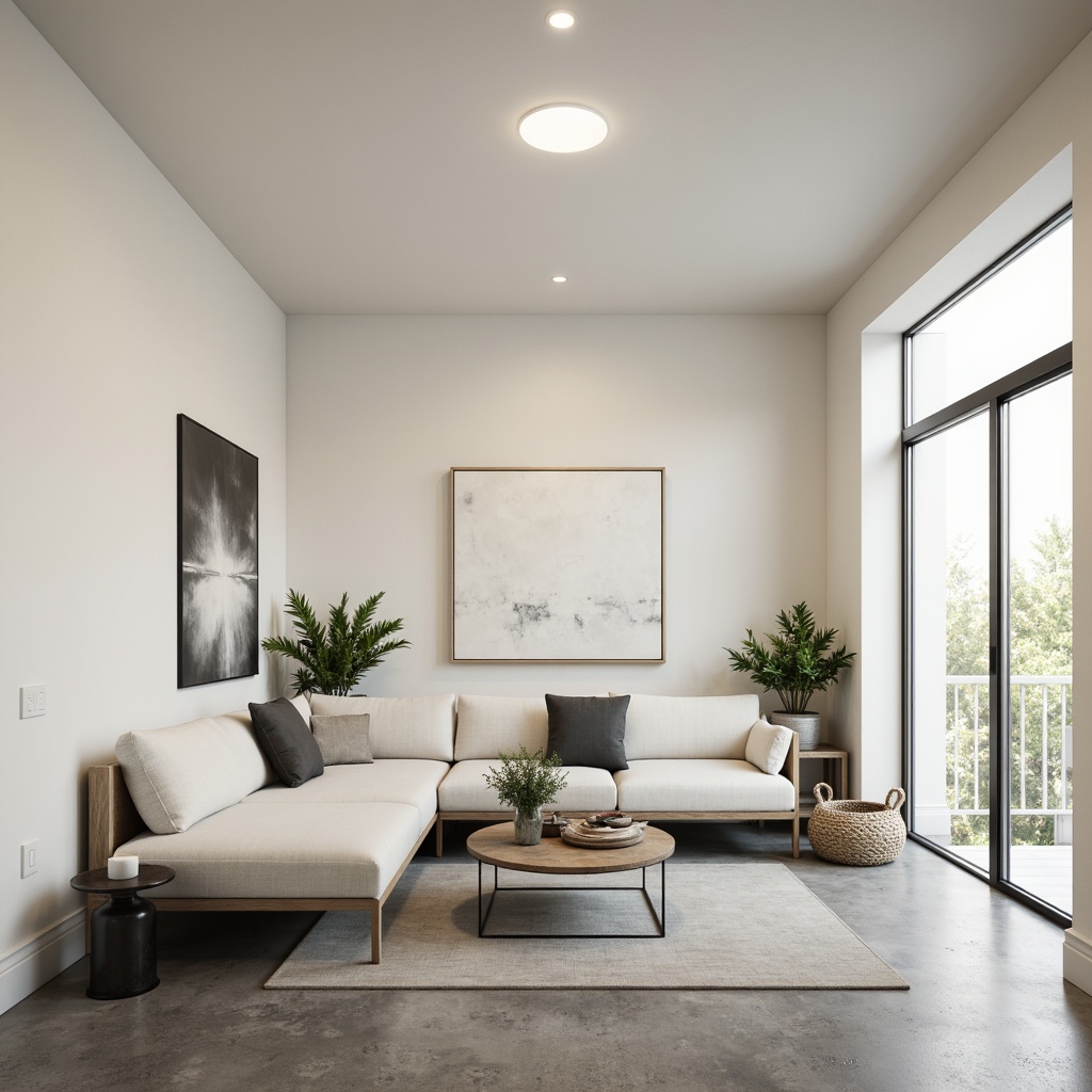 Prompt: Monochromatic living room, sleek low-profile furniture, minimal ornamentation, creamy white walls, polished concrete floors, sparse greenery, industrial metal accents, Scandinavian-inspired design, subtle texture contrasts, soft warm lighting, shallow depth of field, 1/1 composition, realistic render, ambient occlusion.