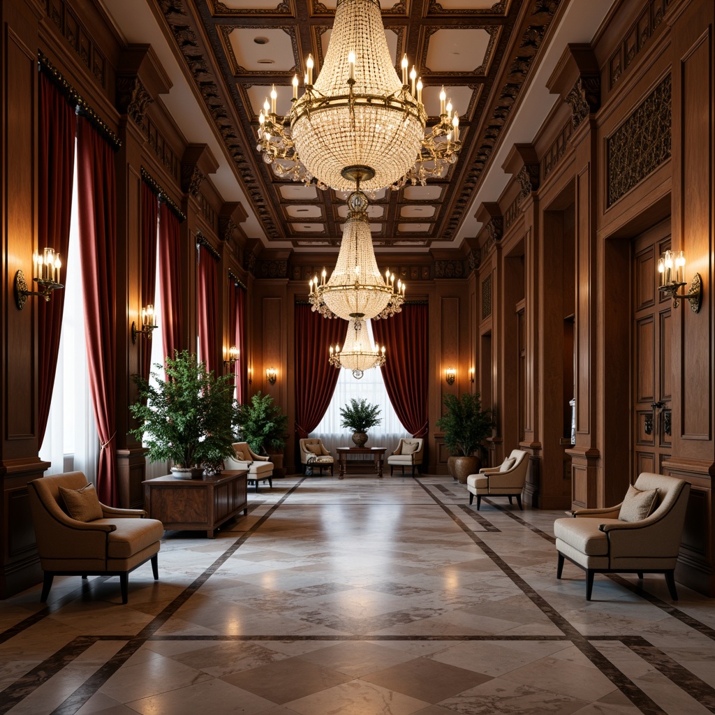 Prompt: Elegant crystal chandeliers, ornate bronze sconces, refined marble floors, stately columns, intricately carved wooden paneling, luxurious velvet drapes, richly upholstered furniture, majestic crown molding, subtle warm glow, soft diffused lighting, ambient shadows, 1/1 composition, symmetrical framing, realistic textures, atmospheric perspective.