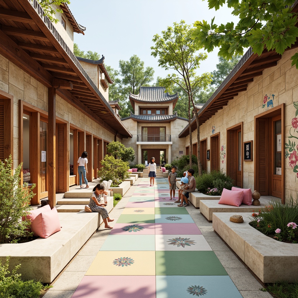 Prompt: Vibrant kindergarten playground, traditional Asian-inspired architecture, curved rooflines, ornate wooden doors, colorful ceramic tiles, natural stone walls, rustic wood accents, soft pastel colors, whimsical wall murals, educational signage, playful wall decals, textured concrete finishes, warm beige tones, cozy reading nooks, softbox lighting, 1/2 composition, shallow depth of field, realistic textures, ambient occlusion.