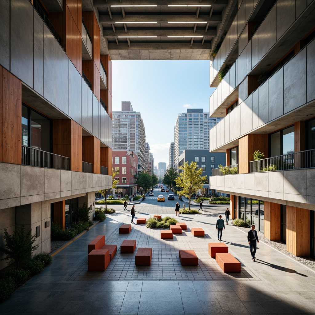 Prompt: Modern government building, open atrium, natural light, minimalist decor, functional furniture, clean lines, rectangular shapes, primary color accents, industrial materials, exposed ductwork, sleek metal railings, geometric patterns, urban landscape, busy streets, cityscape views, harsh shadows, dramatic lighting, 1/2 composition, low-angle shot, realistic textures, ambient occlusion.