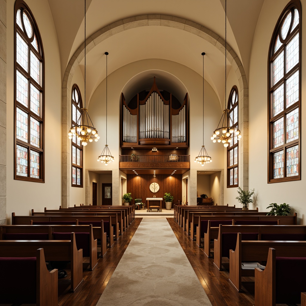 Prompt: Elegant chapel interior, wooden pews, ornate stained glass windows, vaulted ceilings, grand pipe organ, minimalist chandeliers, cream-colored walls, dark hardwood floors, traditional Christian symbols, subtle modern accents, curved lines, soft warm lighting, natural stone pillars, plush velvet upholstery, refined rustic wood tones, distressed metal fixtures, ambient occlusion, 3/4 composition, realistic textures.