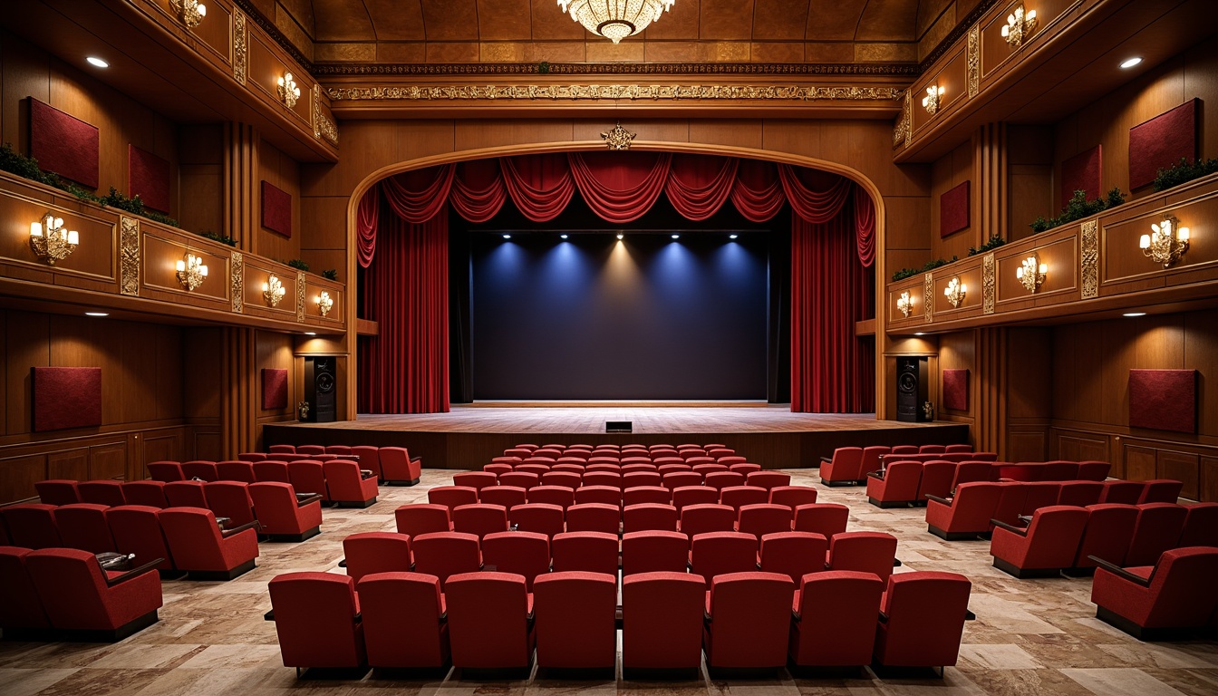 Prompt: \ Luxurious theater interior, sound-absorbing acoustic panels, rich wood trim, plush velvet seats, ornate golden fixtures, dramatic stage lighting, proscenium arch, crimson red curtains, polished marble floors, elegant balconies, optimal sound resonance, precise speaker placement, harmonious sound waves, warm ambient glow, shallow depth of field, 2/3 composition, realistic textures, soft box lighting.\