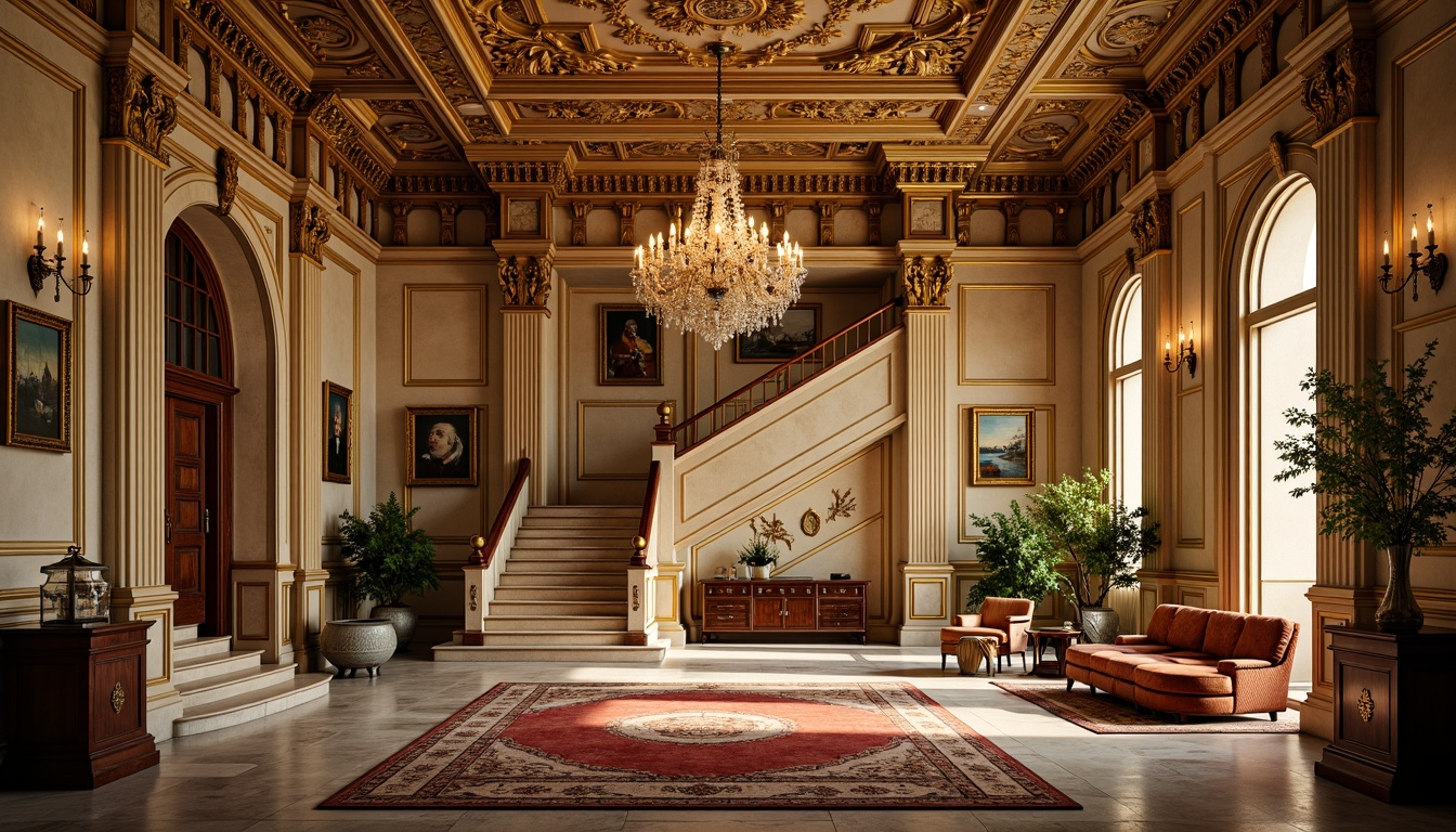 Prompt: Intricate ornate moldings, classical architectural details, opulent gold accents, lavish furnishings, grand chandeliers, sweeping staircases, elegant marble floors, richly patterned rugs, stately columns, vaulted ceilings, luxurious fabrics, dramatic lighting effects, warm golden color palette, highly detailed textures, shallow depth of field, 1/2 composition, realistic rendering.