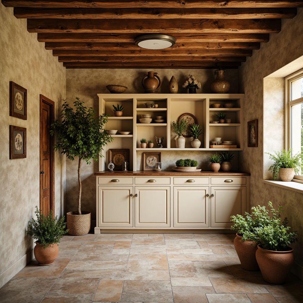 Prompt: Rustic storage room, distressed wood accents, soft warm beige walls, creamy white cabinets, weathered metal hardware, vintage decorative items, natural stone flooring, earthy terracotta pots, lush greenery, warm golden lighting, shallow depth of field, 1/1 composition, realistic textures, ambient occlusion.