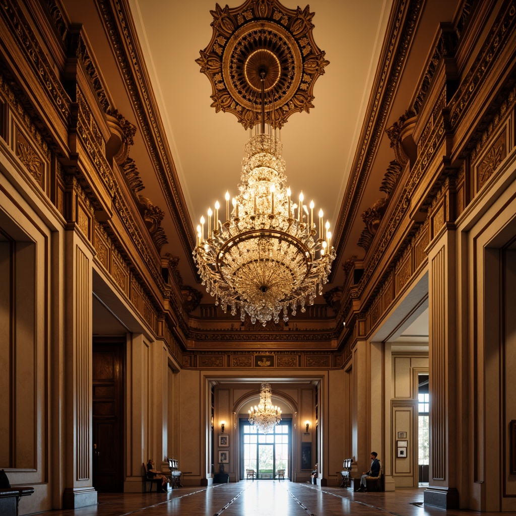 Prompt: Ornate ceiling, grand chandelier, intricately carved moldings, soft warm lighting, ornamental plasterwork, subtle gilding, elegant archways, refined pilasters, decorative cornices, symmetrical composition, neoclassical motifs, sophisticated color palette, lavish textures, regal atmosphere, 1/1 perspective, high contrast ratio, dramatic shadows, realistic reflections.