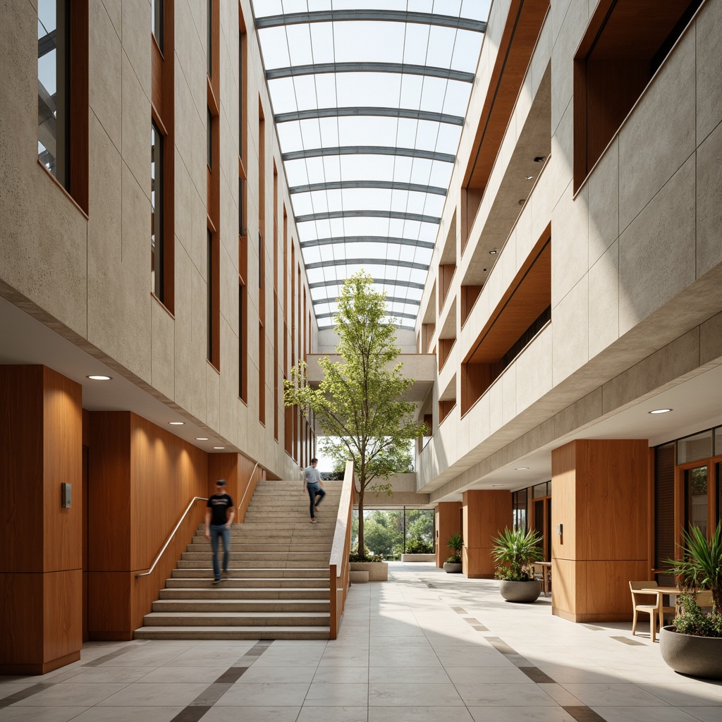 Prompt: Neutral beige stone fa\u00e7ade, modern courthouse architecture, sleek glass atrium, warm wooden accents, earthy terracotta tones, rich walnut paneling, sophisticated stainless steel details, subtle cream marble floors, dramatic high ceilings, grand staircase, natural light pouring in, soft warm glow, shallow depth of field, 3/4 composition, realistic textures, ambient occlusion.