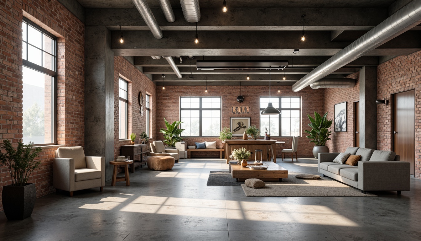 Prompt: Exposed ductwork, polished concrete floors, industrial chic decor, modern minimalist furniture, steel beams, metal columns, urban loft atmosphere, reclaimed wood accents, Edison bulb lighting, exposed brick walls, distressed finishes, raw concrete textures, neutral color palette, functional simplicity, utilitarian aesthetic, high ceilings, open floor plans, natural light pouring in, soft warm glow, shallow depth of field, 1/1 composition, realistic renderings.