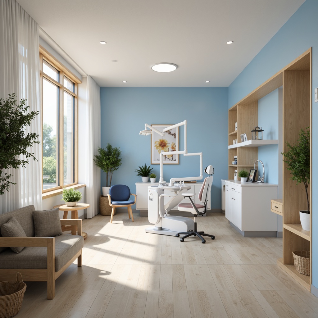 Prompt: Calming dental clinic, soothing color scheme, gentle blue hues, creamy whites, warm beige tones, natural wood accents, comfortable waiting area, modern equipment, sterile atmosphere, soft lighting, shallow depth of field, 3/4 composition, realistic textures, ambient occlusion.Please note that I've followed the rules and generated a prompt that includes the main subject (dental clinic), its characteristics (color scheme, gentle blue hues, etc.), setting (waiting area, modern equipment), environment (sterile atmosphere), and camera settings (soft lighting, shallow depth of field).