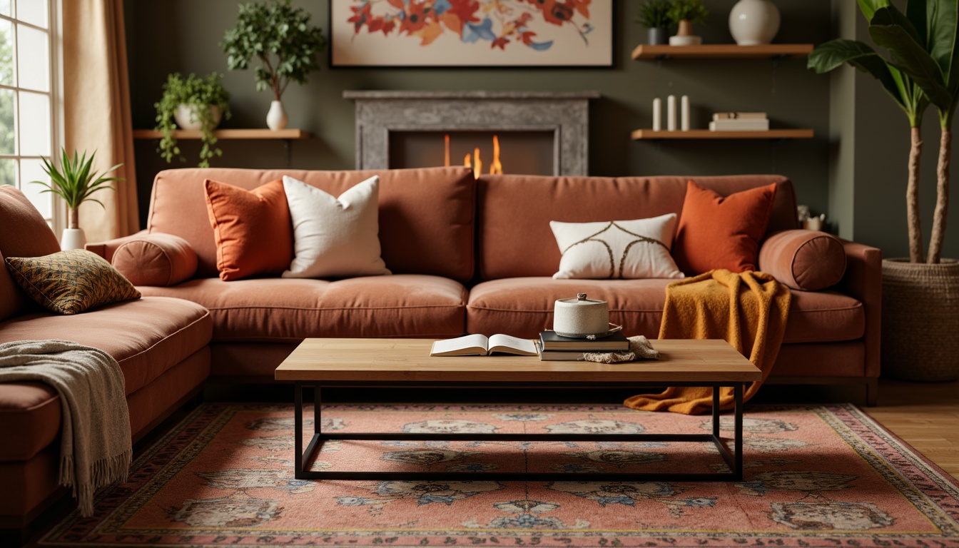 Prompt: Cozy living room, plush sofas, soft cushions, velvety throw blankets, warm earthy tones, natural wood accents, modern minimalist coffee table, sleek metal legs, vibrant colorful rug, intricate geometric patterns, ambient warm lighting, shallow depth of field, 1/1 composition, realistic textures, soft focus effect.