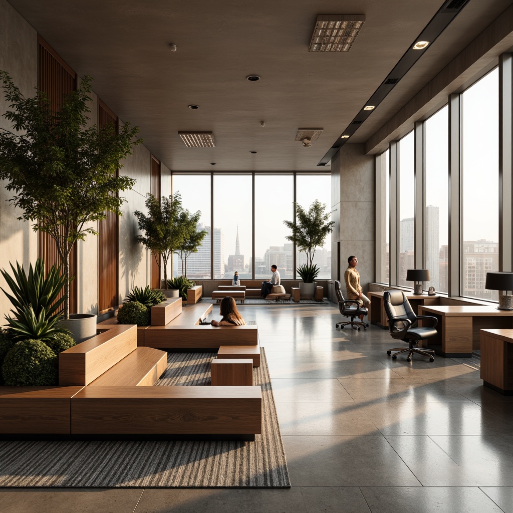 Prompt: Modern courthouse interior, sleek wooden benches, polished chrome accents, minimalist desks, ergonomic office chairs, premium leather upholstery, subtle patterned rugs, neutral color palette, ambient overhead lighting, statement chandeliers, geometric-shaped planters, lush greenery, natural stone flooring, large windows, panoramic city views, 3/4 composition, realistic textures, soft warm lighting.