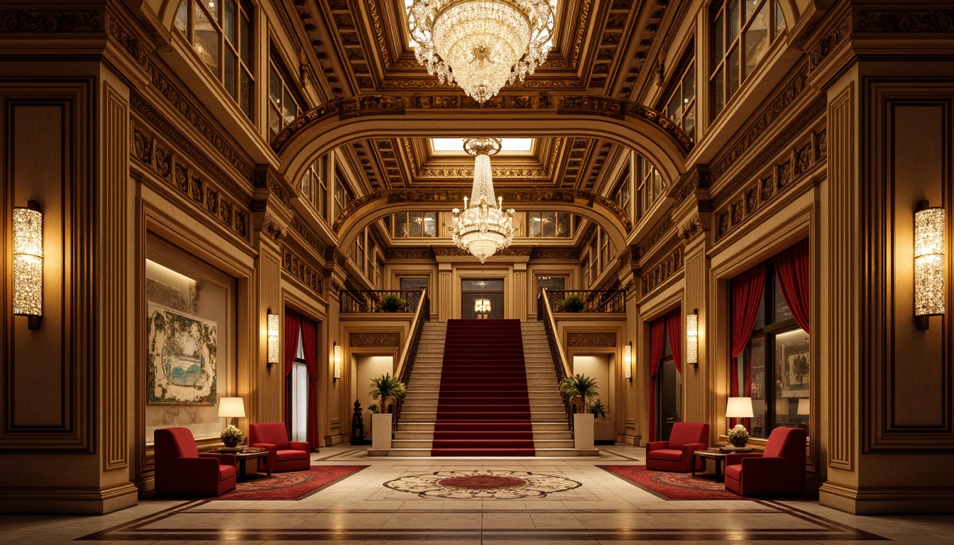 Prompt: Ornate neoclassical interior, intricately molded ceilings, ornamental columns, carved wooden panels, gilded details, luxurious fabrics, velvet drapes, crystal chandeliers, marble flooring, grand staircases, sweeping archways, dramatic lighting effects, warm golden hues, rich textures, subtle shading, 3/4 composition, atmospheric perspective, highly detailed renderings.