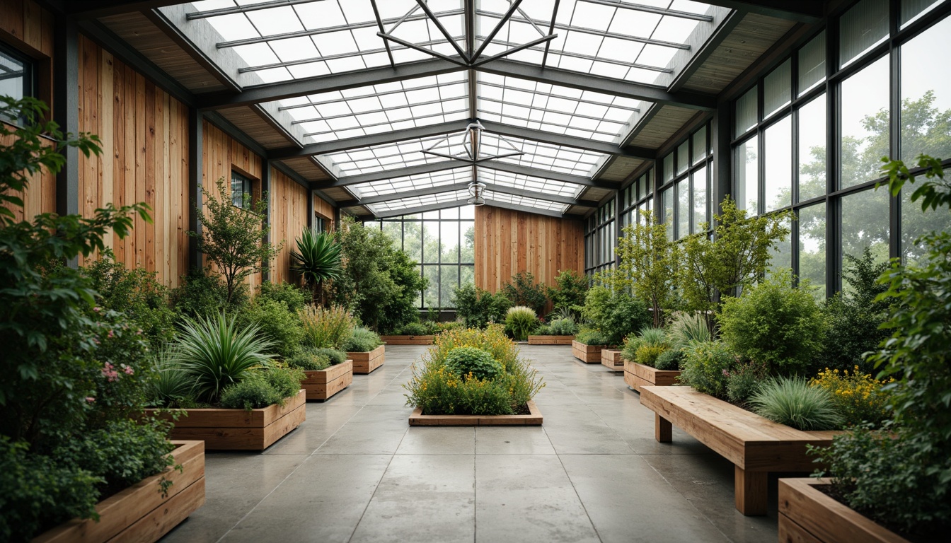 Prompt: Minimalist greenhouse, lush greenery, natural stone walls, wooden accents, large skylights, industrial metal frames, sparse decor, monochromatic color scheme, pops of vibrant coral, soft mint, and sunny yellow, distressed wood textures, concrete floors, modern planters, sleek irrigation systems, morning dew, soft diffused lighting, shallow depth of field, 1/1 composition, intimate close-up shots, realistic foliage, subtle ambient occlusion.