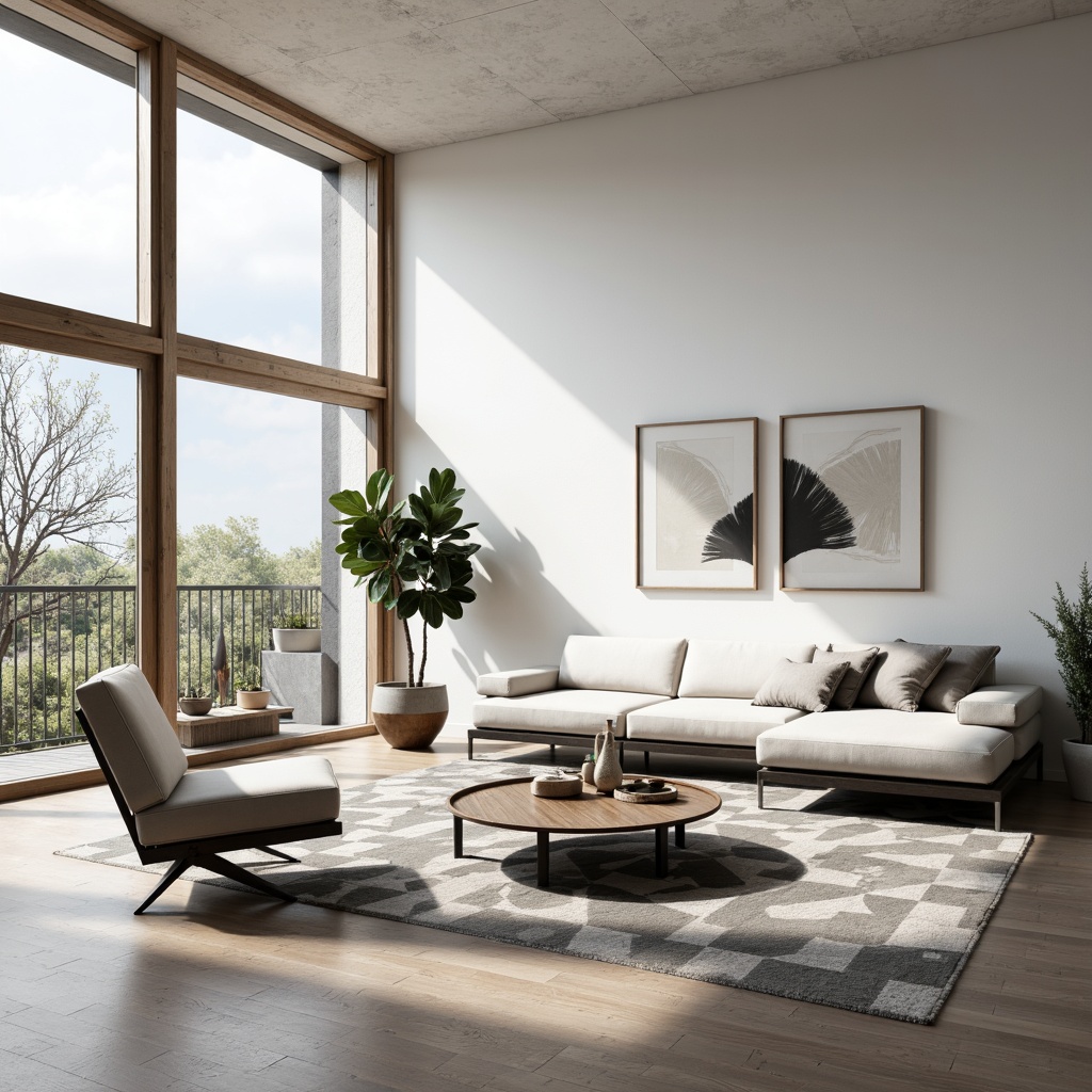 Prompt: Monochromatic living room, sleek low-profile sofa, minimalist coffee table, geometric-patterned rug, white walls, floor-to-ceiling windows, natural light, subtle textures, industrial-chic metal decor, Scandinavian-inspired wooden accents, sparse greenery, modern abstract art, warm ambient lighting, shallow depth of field, 1/1 composition, realistic reflections.