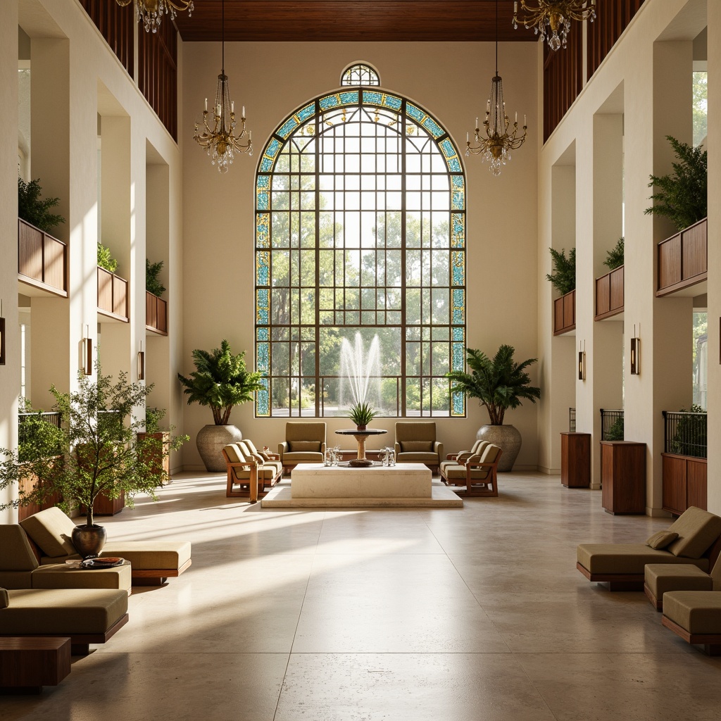 Prompt: Soothing spiritual sanctuary, soft cream walls, warm beige flooring, rich walnut wood accents, elegant stained glass windows, subtle gold leaf details, calming turquoise hues, serene white marble altars, minimalist modern chandeliers, ambient warm lighting, shallow depth of field, 1/1 composition, symmetrical architecture, ornate bronze fixtures, lush greenery, peaceful fountain sounds, gentle misting systems, abstract geometric patterns, luxurious velvet textiles.