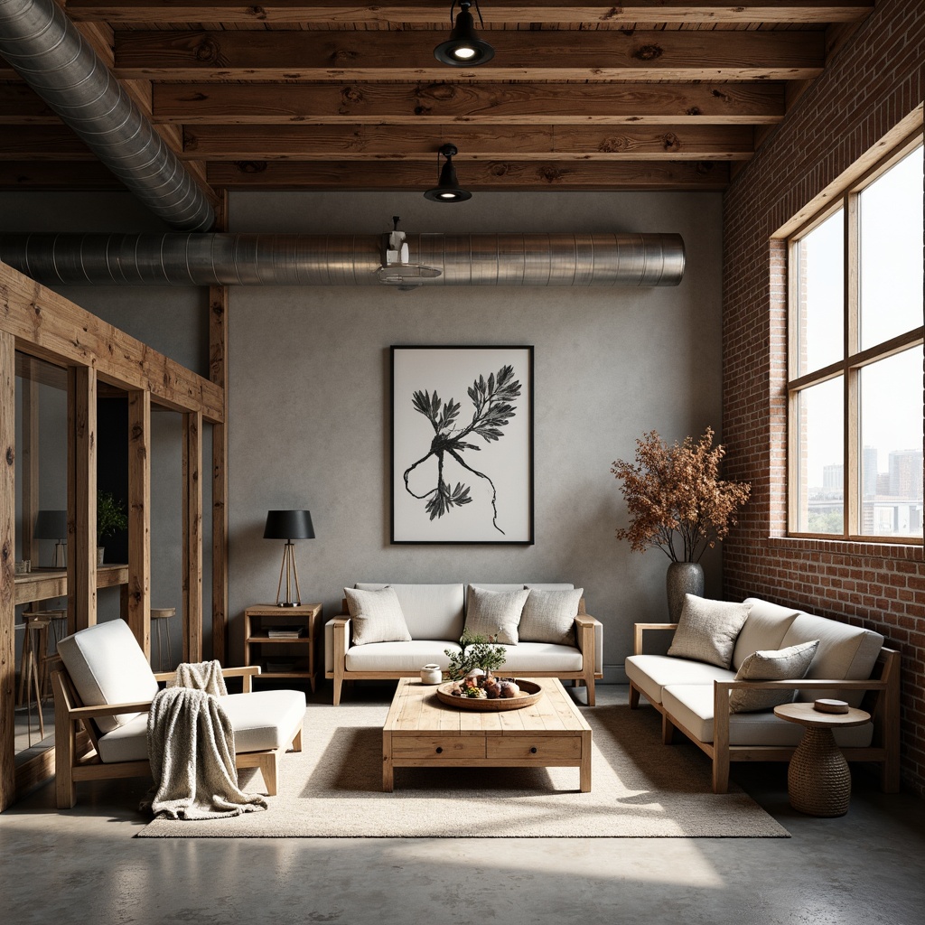 Prompt: Industrial warehouse space, minimalistic decor, Scandinavian design influence, reclaimed wood accents, exposed brick walls, metal beams, concrete floors, functional industrial lighting, cozy textiles, natural fabrics, monochromatic color scheme, simplistic furniture pieces, industrial-chic accessories, urban loft atmosphere, abundant natural light, soft warm glow, shallow depth of field, 1/1 composition, realistic textures, ambient occlusion.