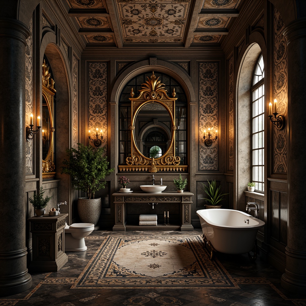 Prompt: Majestic gothic bathroom, ornate tile patterns, medieval-inspired arches, luxurious dark marble floors, richly textured stone walls, intricate mosaics, golden accents, lavish chandeliers, dramatic vaulted ceilings, mysterious ambiance, soft warm lighting, shallow depth of field, 1/2 composition, realistic textures, ambient occlusion.