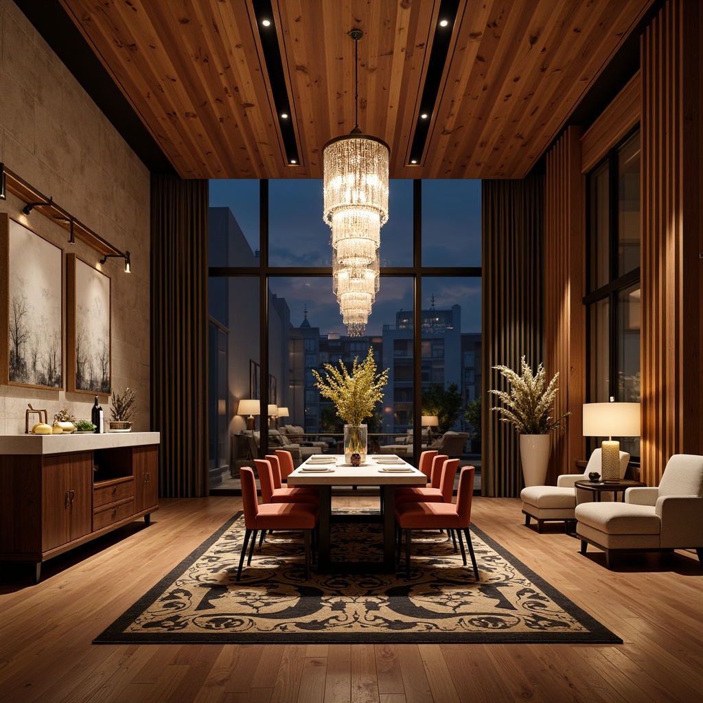 Prompt: Luxurious dining room, rich wood flooring, velvety soft upholstery, metallic accents, crystal chandeliers, marble countertops, woven natural fibers, smooth stone walls, geometric patterned rugs, ambient warm lighting, shallow depth of field, 2/3 composition, cinematic views, realistic reflections, subtle color grading.