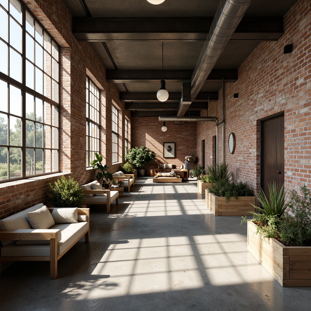 Prompt: Exposed brick walls, polished concrete floors, metal beams, wooden crates, industrial lighting fixtures, minimalist decor, monochromatic color scheme, neutral tones, natural textiles, woven baskets, potted greenery, distressed wood accents, vintage machinery, Scandinavian-inspired furniture, simplicity-driven design, softbox lighting, 1/2 composition, shallow depth of field, realistic render.