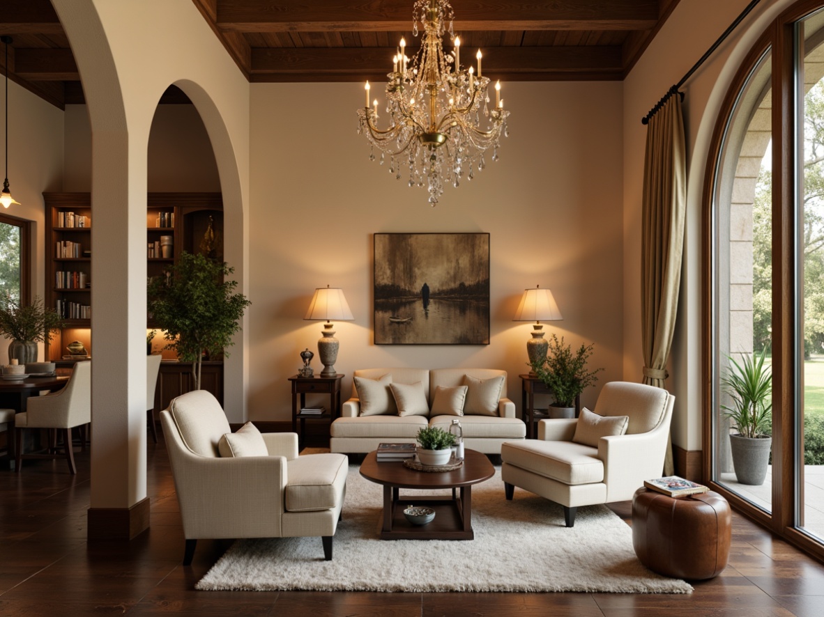 Prompt: Transitional interior, warm beige walls, dark wood flooring, soft cream-colored furniture, elegant chandeliers, ornate metalwork, crystal pendant lights, rounded archways, natural stone columns, earthy color palette, ambient warm lighting, subtle shadows, 1/2 composition, relaxed atmosphere, cozy reading nooks, plush area rugs, sophisticated decor, luxurious textures, softbox lighting, warm white tones.